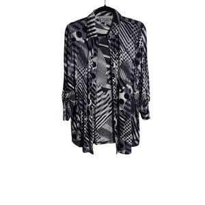 LYNN RITCHIE SILVER Black & White Abstract Patterned Blouse Button Up Size Small